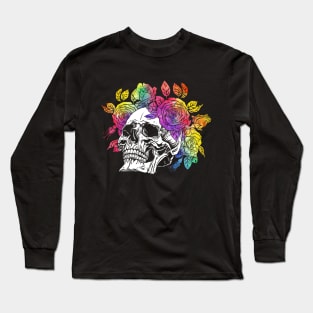 Skull with floral. Colorful Watercolor Roses wreath Long Sleeve T-Shirt